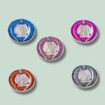 Fem farverige hundetags med glimmerdetaljer.