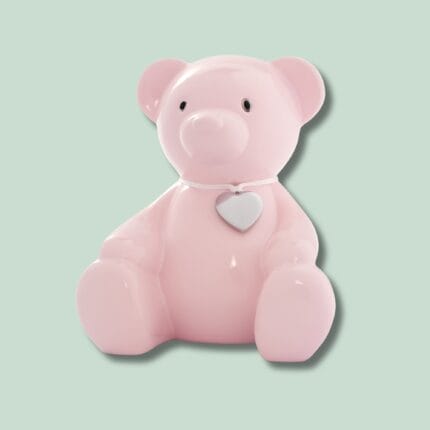 Lyserød bamse med hjerte halskæde.