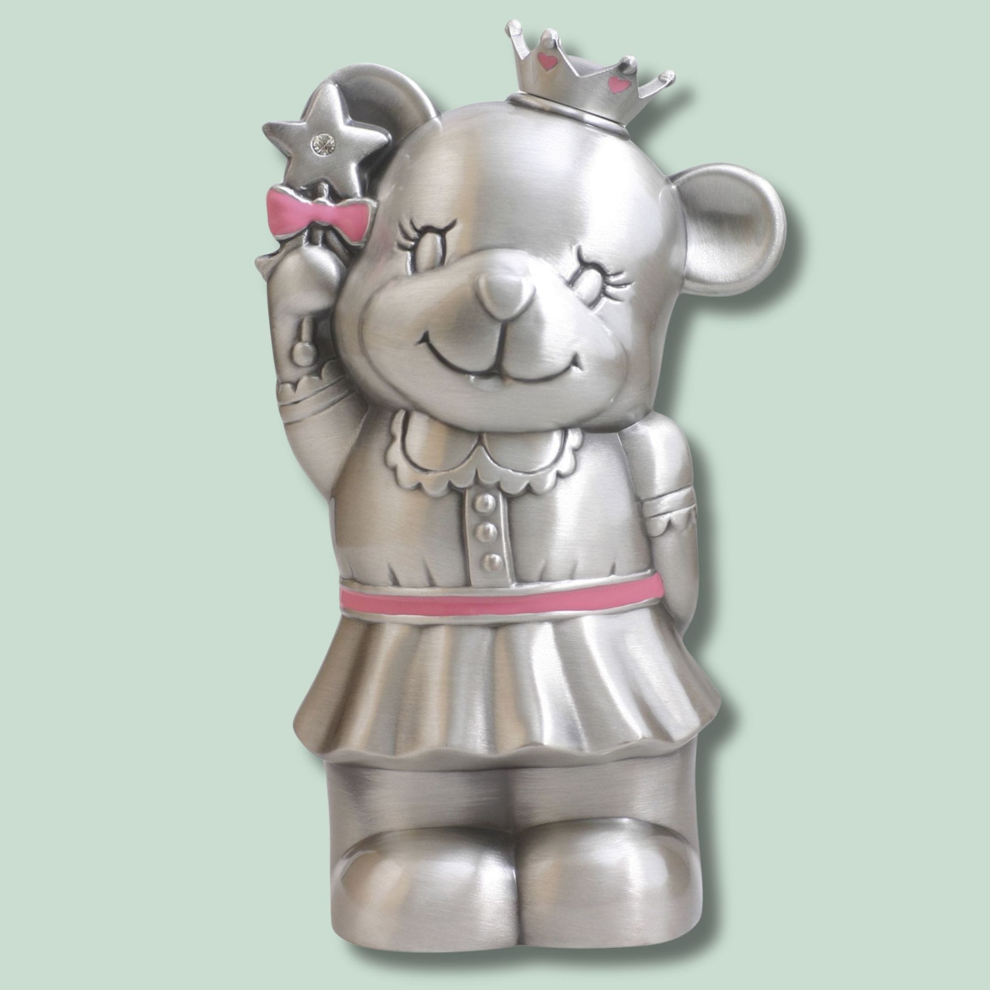 92015276207 - FORTINNET SPAREBØSSE PRINSESSE BAMSE - MED GRØN Sølv bjørn med krone og stjernestav.