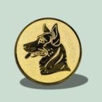 Guldmønt med hundemotiv på grøn baggrund.