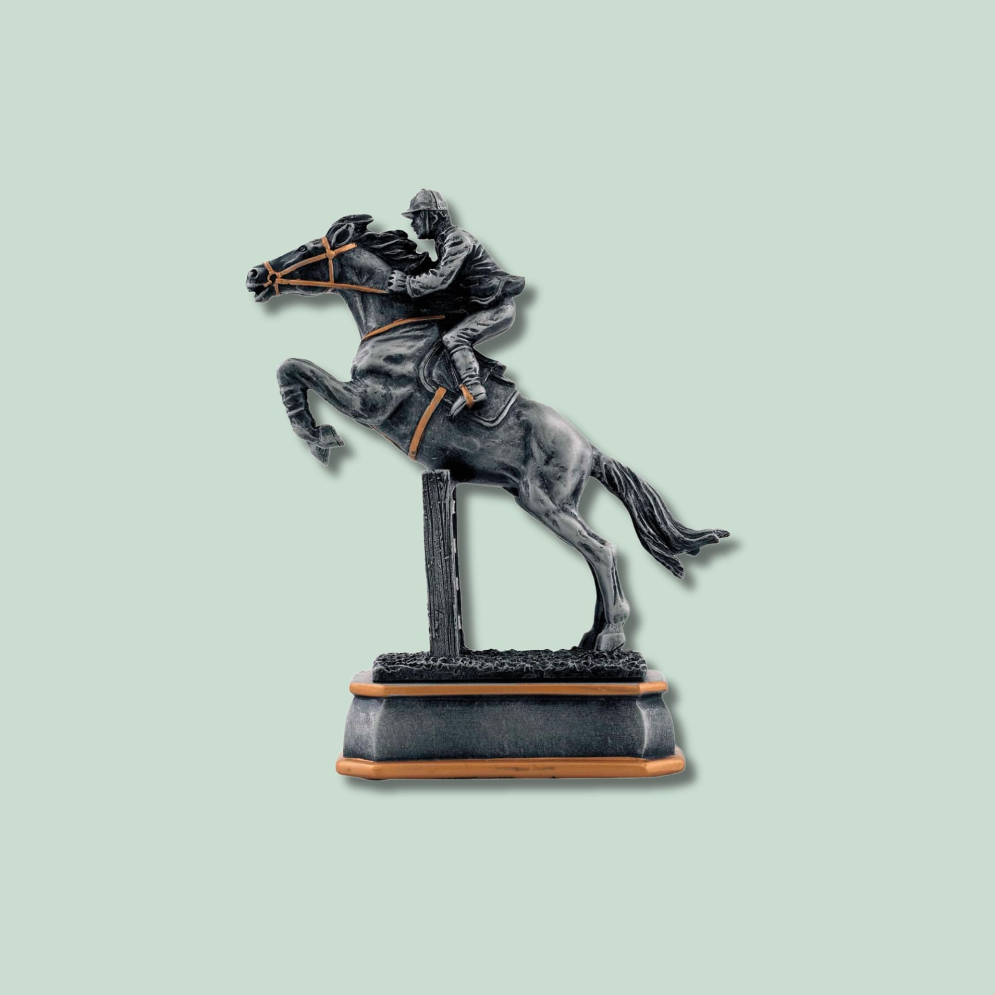 STATUETTE - SPRING HEST LILLE Skulptur af hest og rytter i spring